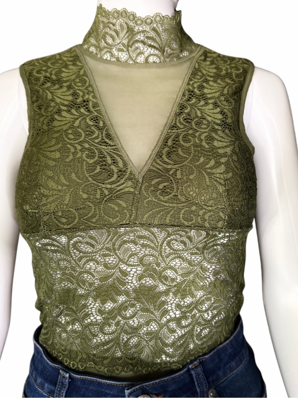 Kathy Olive Green Lace Bodysuit High Neck Sheer Mesh Thong Back Small